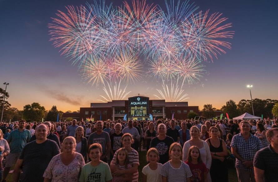 An aerial shot capturing the joyous energy of a vibrant Nunawading community festival, with a professional event photographers Nunawading vibrant celebrations team documenting a climactic fireworks display illuminating the twilight sky over a bustling market street.