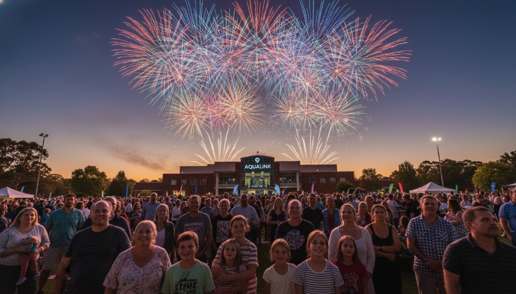 An aerial shot capturing the joyous energy of a vibrant Nunawading community festival, with a professional event photographers Nunawading vibrant celebrations team documenting a climactic fireworks display illuminating the twilight sky over a bustling market street.