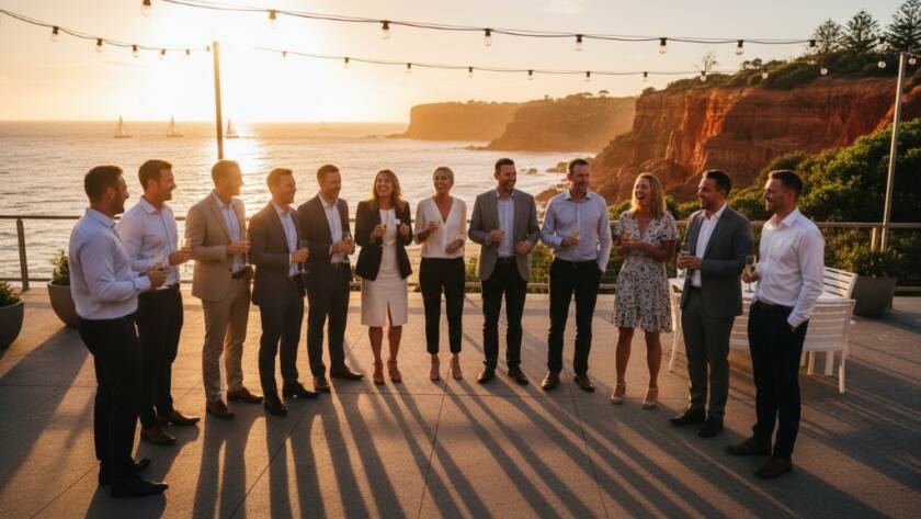 An epic moment captured by professional event photography in Black Rock: Genuine Moments, showing a group of laughing guests clinking glasses at a beachfront reception during golden hour, with the iconic Black Rock foreshore in the background, a beautiful and candid scene.