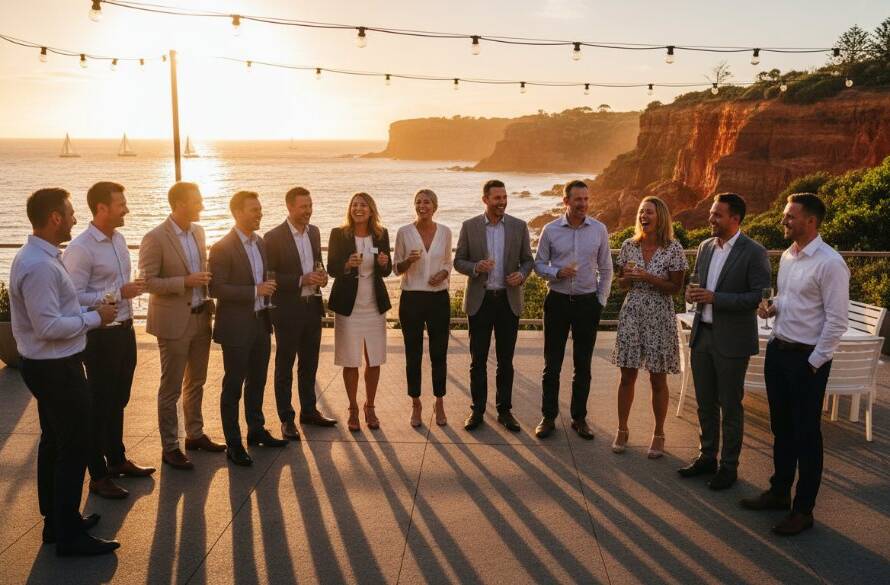 An epic moment captured by professional event photography in Black Rock: Genuine Moments, showing a group of laughing guests clinking glasses at a beachfront reception during golden hour, with the iconic Black Rock foreshore in the background, a beautiful and candid scene.