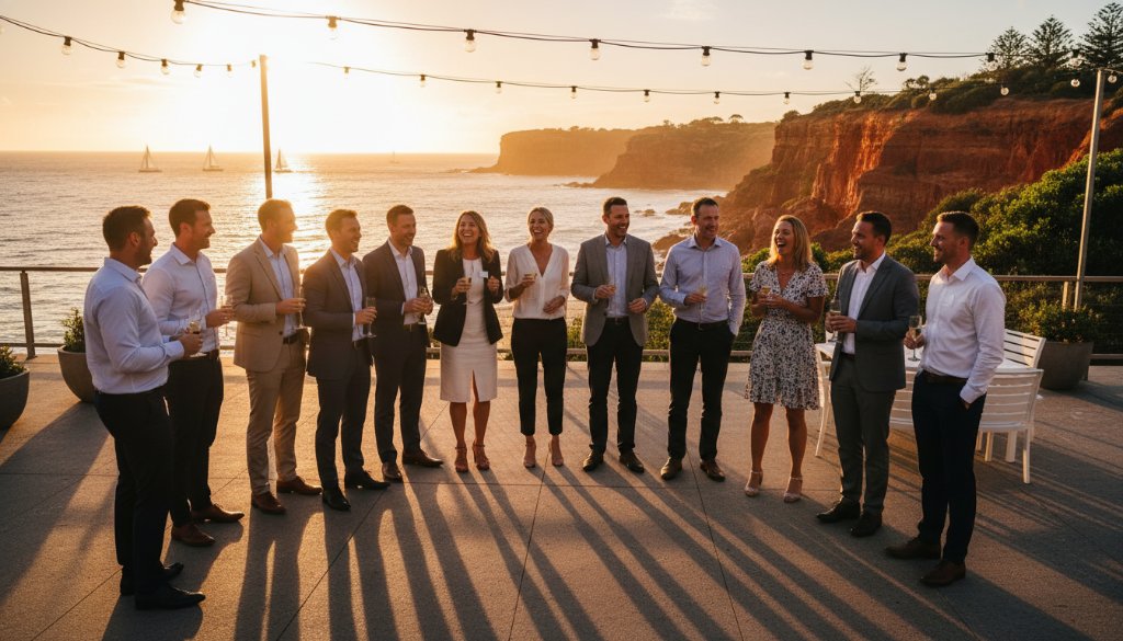 An epic moment captured by professional event photography in Black Rock: Genuine Moments, showing a group of laughing guests clinking glasses at a beachfront reception during golden hour, with the iconic Black Rock foreshore in the background, a beautiful and candid scene.