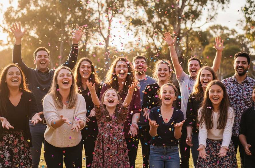 An exhilarating candid moment captured by Professional Event Photography Blackburn South Victoria, featuring guests laughing joyously under string lights at a garden party, with dynamic lighting and bokeh.