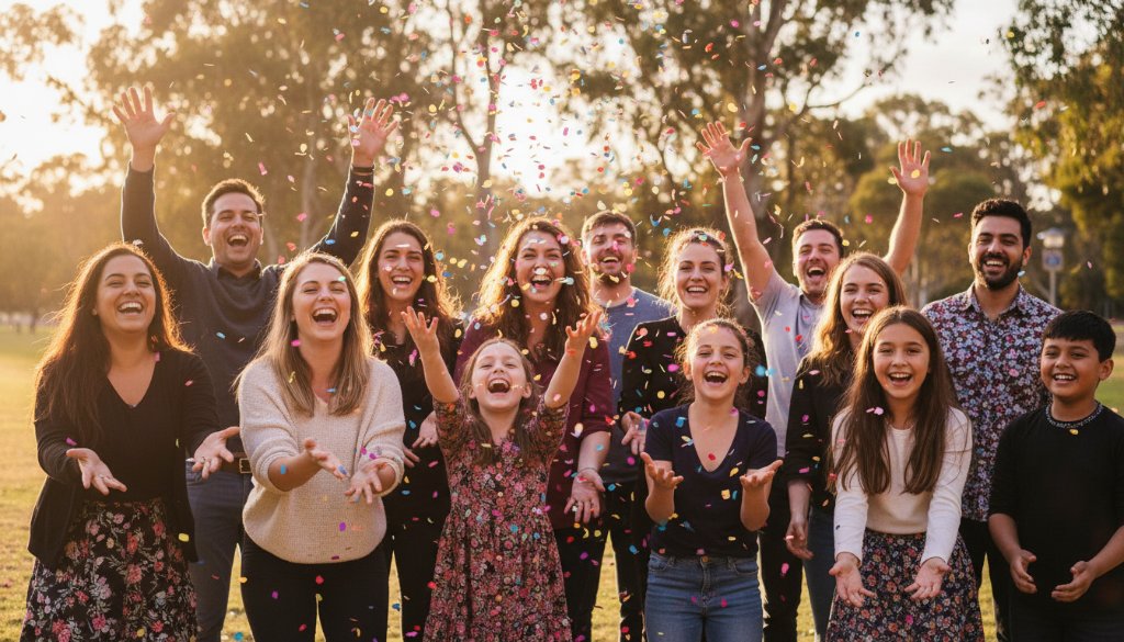 An exhilarating candid moment captured by Professional Event Photography Blackburn South Victoria, featuring guests laughing joyously under string lights at a garden party, with dynamic lighting and bokeh.