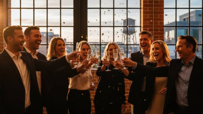 An epic moment of joy and celebration captured by professional event photography Brooklyn Victoria authentic storytelling, featuring guests laughing and dancing under twinkling lights at a vibrant Brooklyn venue, with dramatic, warm lighting and rich colour grading.