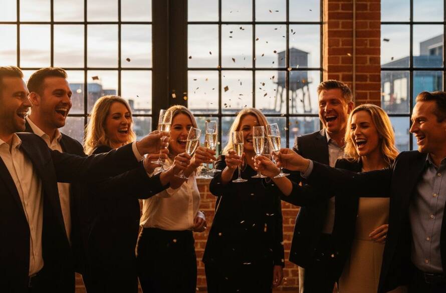 An epic moment of joy and celebration captured by professional event photography Brooklyn Victoria authentic storytelling, featuring guests laughing and dancing under twinkling lights at a vibrant Brooklyn venue, with dramatic, warm lighting and rich colour grading.