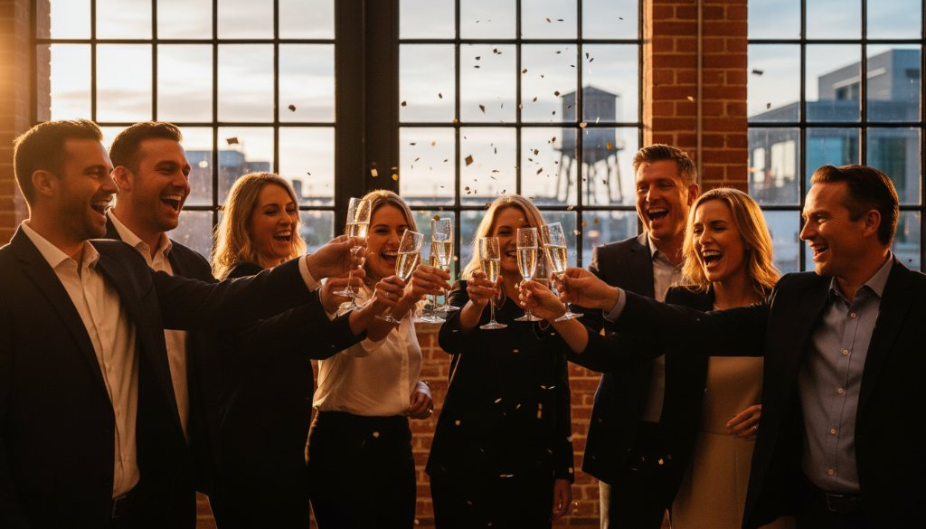 An epic moment of joy and celebration captured by professional event photography Brooklyn Victoria authentic storytelling, featuring guests laughing and dancing under twinkling lights at a vibrant Brooklyn venue, with dramatic, warm lighting and rich colour grading.