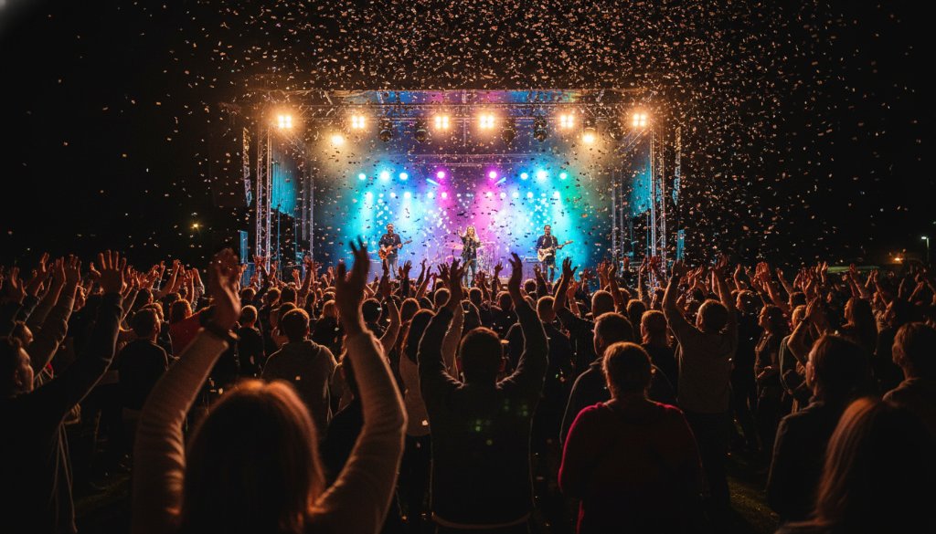 A dynamic, wide-angle shot of a joyous community festival in Brown Hill, Victoria, with a local band performing on a brightly lit stage and an ecstatic crowd cheering, embodying the spirit of professional event photography Brown Hill Victoria, captured at its peak moment.