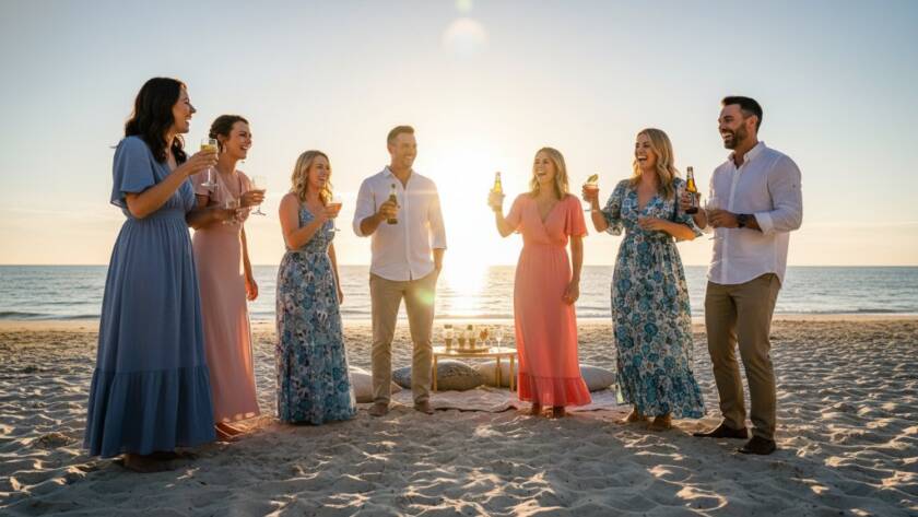 Dynamic, professional event photography Chelsea Victoria for memorable celebrations, capturing a candid, joy-filled moment of guests cheering at a sunset beach party on Chelsea Beach, with dramatic, warm backlighting and sparkling bay water in the background.