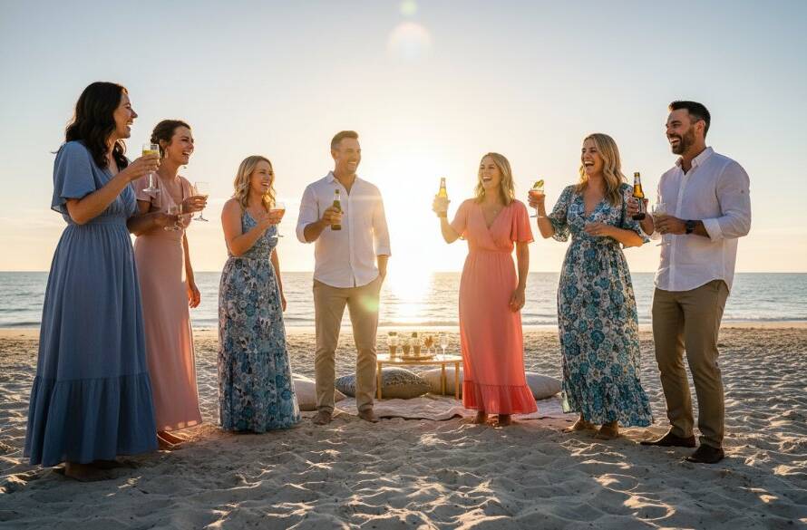 Dynamic, professional event photography Chelsea Victoria for memorable celebrations, capturing a candid, joy-filled moment of guests cheering at a sunset beach party on Chelsea Beach, with dramatic, warm backlighting and sparkling bay water in the background.