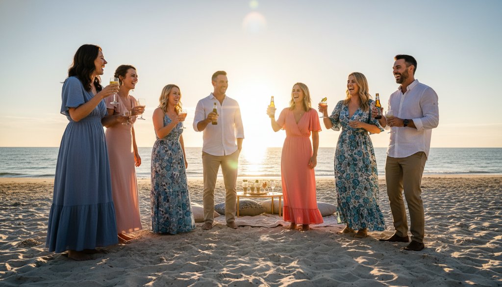 Dynamic, professional event photography Chelsea Victoria for memorable celebrations, capturing a candid, joy-filled moment of guests cheering at a sunset beach party on Chelsea Beach, with dramatic, warm backlighting and sparkling bay water in the background.