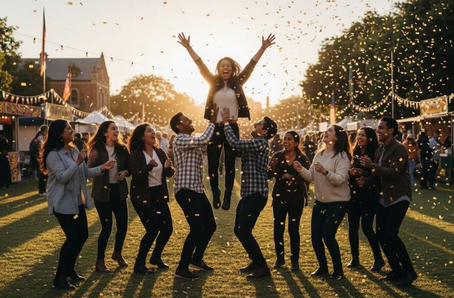 A wide, dramatic shot of a lively community festival in Clayton at dusk, with the focus keyphrase 'professional event photography Clayton capturing vibrant celebrations' highlighted by the golden hour light hitting joyful attendees. A professional photographer is subtly visible in the foreground, capturing an 'epic moment' of laughter and connection, with fairy lights strung across a gazebo and food stalls in the background, all professionally colour-graded for a cinematic feel.