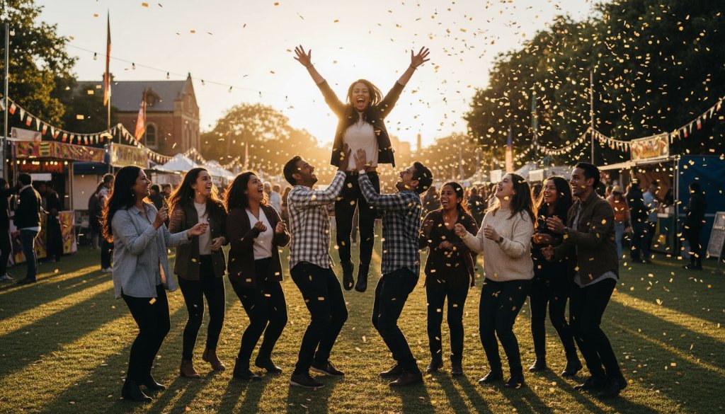 A wide, dramatic shot of a lively community festival in Clayton at dusk, with the focus keyphrase 'professional event photography Clayton capturing vibrant celebrations' highlighted by the golden hour light hitting joyful attendees. A professional photographer is subtly visible in the foreground, capturing an 'epic moment' of laughter and connection, with fairy lights strung across a gazebo and food stalls in the background, all professionally colour-graded for a cinematic feel.