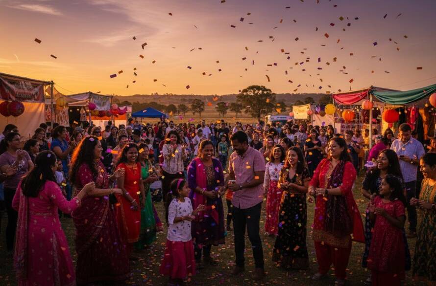 A wide-angle, candid shot showcasing the lively atmosphere of a community fair in Clyde, Victoria, featuring diverse families laughing and interacting under festive banners, bathed in warm, late afternoon sunlight, demonstrating expert professional event photography Clyde community celebrations Victoria.