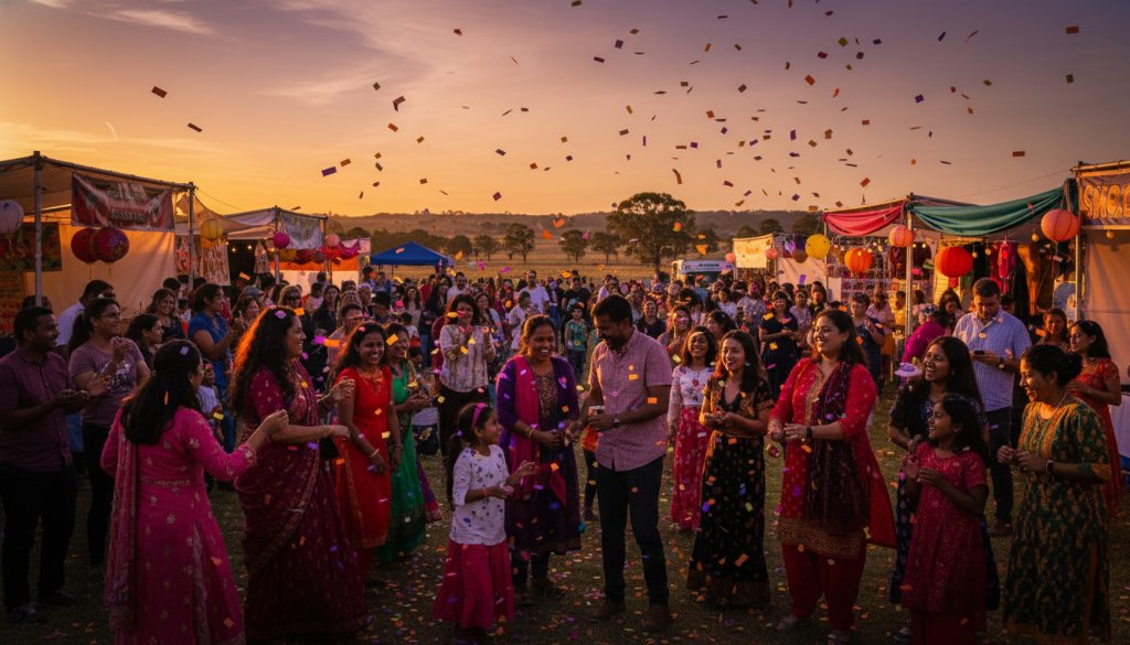 A wide-angle, candid shot showcasing the lively atmosphere of a community fair in Clyde, Victoria, featuring diverse families laughing and interacting under festive banners, bathed in warm, late afternoon sunlight, demonstrating expert professional event photography Clyde community celebrations Victoria.