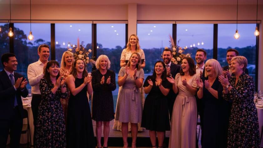 A jubilant, wide-angle shot of a diverse group of guests laughing and raising glasses in celebration at a beautifully decorated event venue in Doncaster East, perfectly showcasing professional event photography Doncaster East capturing genuine joy through candid expressions and warm, ambient lighting.
