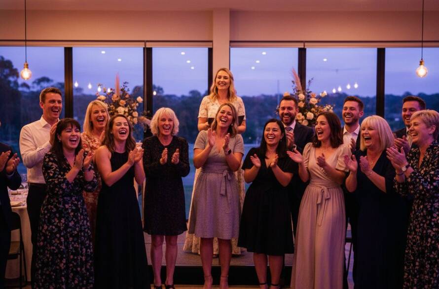 A jubilant, wide-angle shot of a diverse group of guests laughing and raising glasses in celebration at a beautifully decorated event venue in Doncaster East, perfectly showcasing professional event photography Doncaster East capturing genuine joy through candid expressions and warm, ambient lighting.