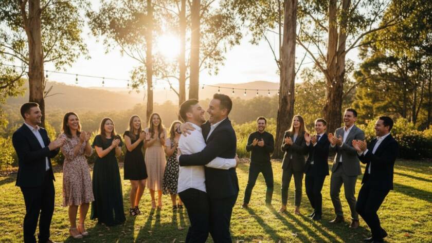 An emotional, wide-angle shot of a couple sharing a joyful embrace under the dramatic golden hour light, with the Dandenong Ranges hills visible in the background of Ferntree Gully, perfectly illustrating professional event photography Ferntree Gully memorable moments captured by a skilled photographer.