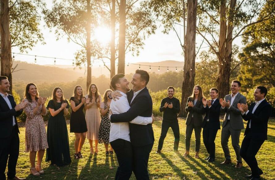 An emotional, wide-angle shot of a couple sharing a joyful embrace under the dramatic golden hour light, with the Dandenong Ranges hills visible in the background of Ferntree Gully, perfectly illustrating professional event photography Ferntree Gully memorable moments captured by a skilled photographer.