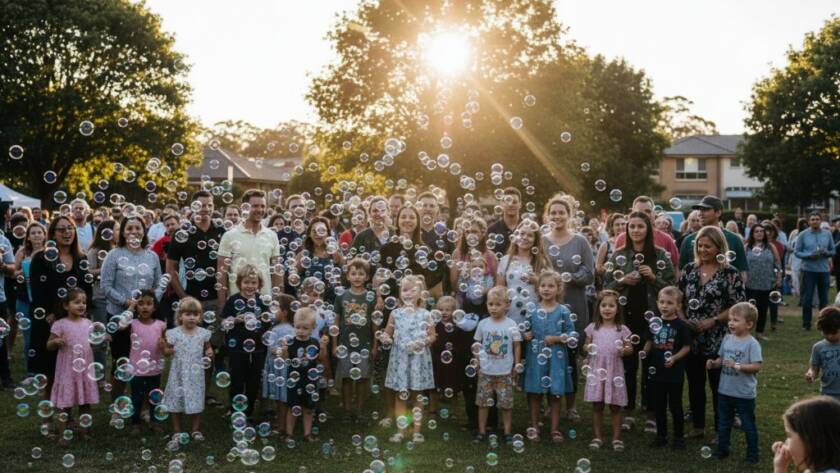 An aerial wide shot of a vibrant community festival in Ringwood North, showing a burst of confetti over a cheering crowd during a peak moment of celebration, expertly captured with professional event photography Ringwood North capturing genuine moments, dramatic golden hour lighting, and a shallow depth of field.