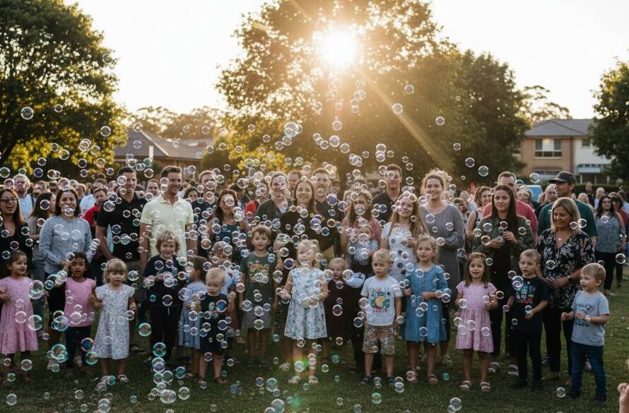 An aerial wide shot of a vibrant community festival in Ringwood North, showing a burst of confetti over a cheering crowd during a peak moment of celebration, expertly captured with professional event photography Ringwood North capturing genuine moments, dramatic golden hour lighting, and a shallow depth of field.