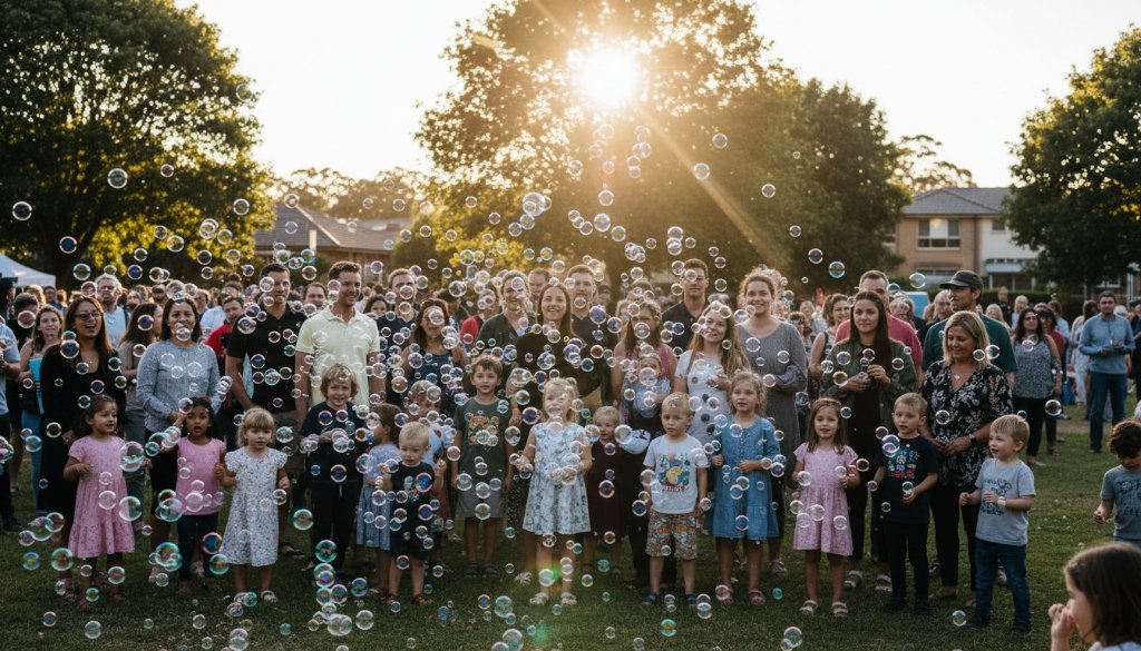 An aerial wide shot of a vibrant community festival in Ringwood North, showing a burst of confetti over a cheering crowd during a peak moment of celebration, expertly captured with professional event photography Ringwood North capturing genuine moments, dramatic golden hour lighting, and a shallow depth of field.