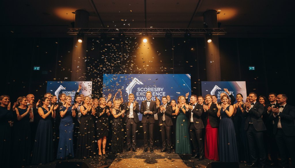 An epic moment captured by professional event photography Scoresby Victoria, featuring a group of jubilant attendees cheering at a corporate gala dinner in a beautifully lit Scoresby venue, celebrating a significant achievement.