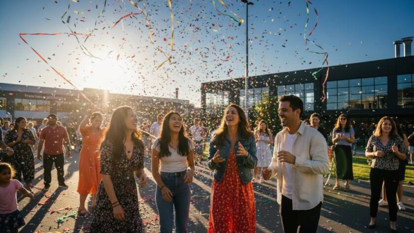 A wide-angle, dynamic shot capturing a joyous, confetti-filled climax at a community festival in Tottenham, Victoria, expertly showcasing professional event photography with vibrant colours and beaming faces.