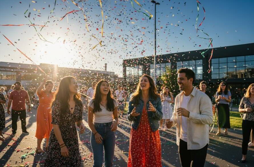 A wide-angle, dynamic shot capturing a joyous, confetti-filled climax at a community festival in Tottenham, Victoria, expertly showcasing professional event photography with vibrant colours and beaming faces.