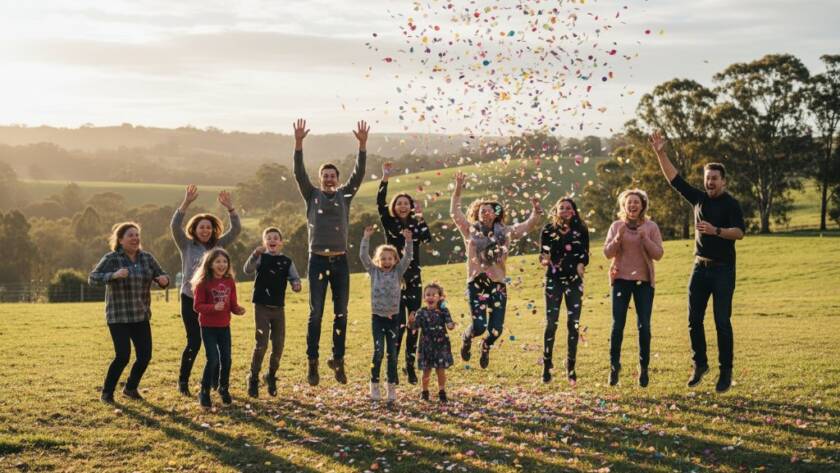 A wide shot capturing an epic moment of joy and laughter at a vibrant outdoor community festival in Wonga Park, Victoria, showcasing the energy of Professional Event Photography Wonga Park Celebrations with perfect natural light.