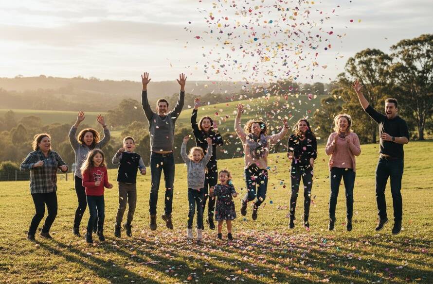 A wide shot capturing an epic moment of joy and laughter at a vibrant outdoor community festival in Wonga Park, Victoria, showcasing the energy of Professional Event Photography Wonga Park Celebrations with perfect natural light.