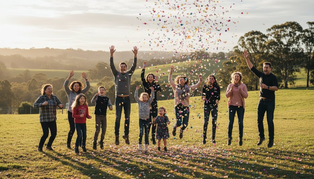 A wide shot capturing an epic moment of joy and laughter at a vibrant outdoor community festival in Wonga Park, Victoria, showcasing the energy of Professional Event Photography Wonga Park Celebrations with perfect natural light.