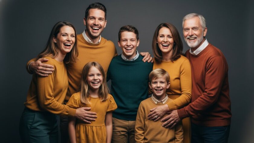 A heartwarming, professionally lit studio portrait capturing an 'epic moment' of a laughing family embracing, showcasing the joy of professional family studio photography in Belmont, Victoria, with a soft, cinematic colour grade.