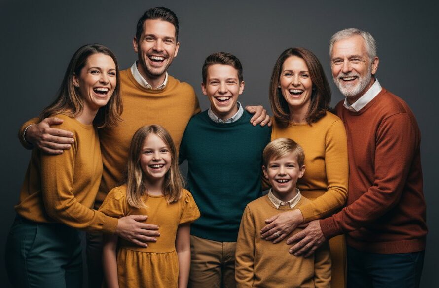 A heartwarming, professionally lit studio portrait capturing an 'epic moment' of a laughing family embracing, showcasing the joy of professional family studio photography in Belmont, Victoria, with a soft, cinematic colour grade.