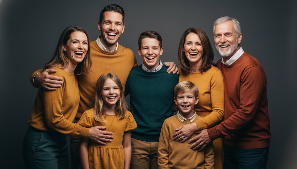 A heartwarming, professionally lit studio portrait capturing an 'epic moment' of a laughing family embracing, showcasing the joy of professional family studio photography in Belmont, Victoria, with a soft, cinematic colour grade.