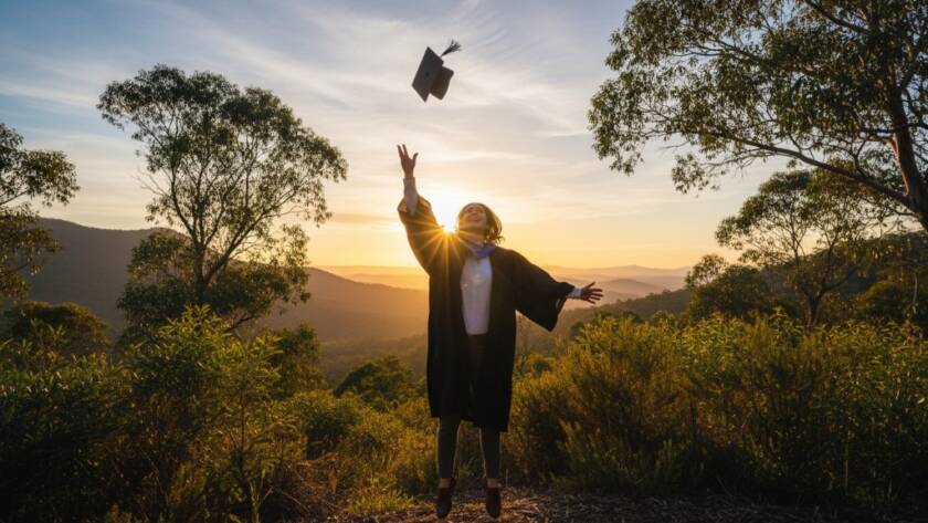 An epic, wide-angle shot of a proud graduate in their cap and gown, joyfully throwing their mortarboard high against the stunning, sun-drenched Dandenong Ranges backdrop in Ferntree Gully, Victoria, perfectly capturing their professional Ferntree Gully graduation photos Dandenong Ranges.