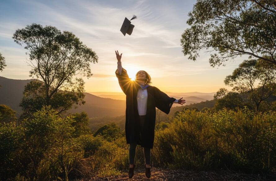An epic, wide-angle shot of a proud graduate in their cap and gown, joyfully throwing their mortarboard high against the stunning, sun-drenched Dandenong Ranges backdrop in Ferntree Gully, Victoria, perfectly capturing their professional Ferntree Gully graduation photos Dandenong Ranges.