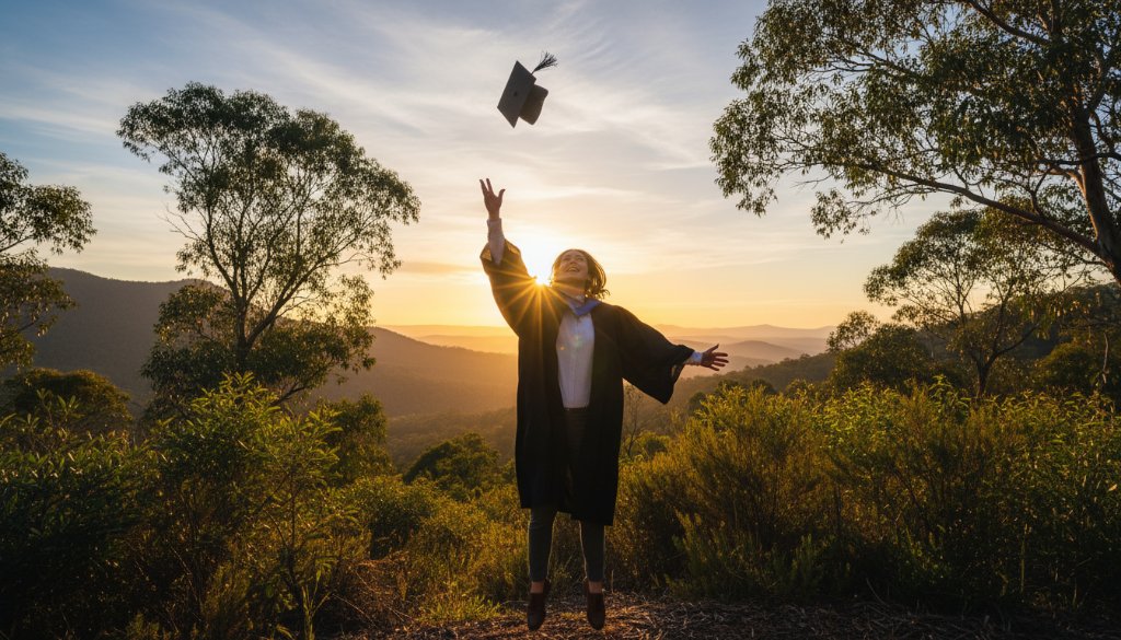 An epic, wide-angle shot of a proud graduate in their cap and gown, joyfully throwing their mortarboard high against the stunning, sun-drenched Dandenong Ranges backdrop in Ferntree Gully, Victoria, perfectly capturing their professional Ferntree Gully graduation photos Dandenong Ranges.