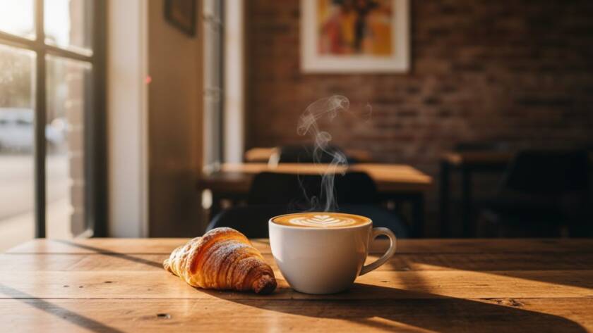 An epic moment capture of a perfectly styled artisan coffee with latte art and a vibrant pastry on a rustic wooden table in a sunlit Ardeer cafe, bathed in dramatic golden hour light, showcasing professional food photography Ardeer cafes can leverage.