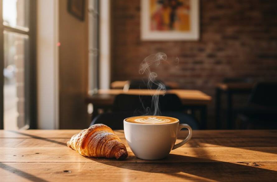 An epic moment capture of a perfectly styled artisan coffee with latte art and a vibrant pastry on a rustic wooden table in a sunlit Ardeer cafe, bathed in dramatic golden hour light, showcasing professional food photography Ardeer cafes can leverage.