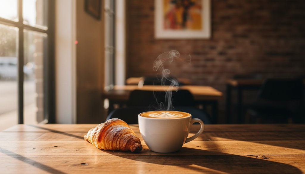 An epic moment capture of a perfectly styled artisan coffee with latte art and a vibrant pastry on a rustic wooden table in a sunlit Ardeer cafe, bathed in dramatic golden hour light, showcasing professional food photography Ardeer cafes can leverage.