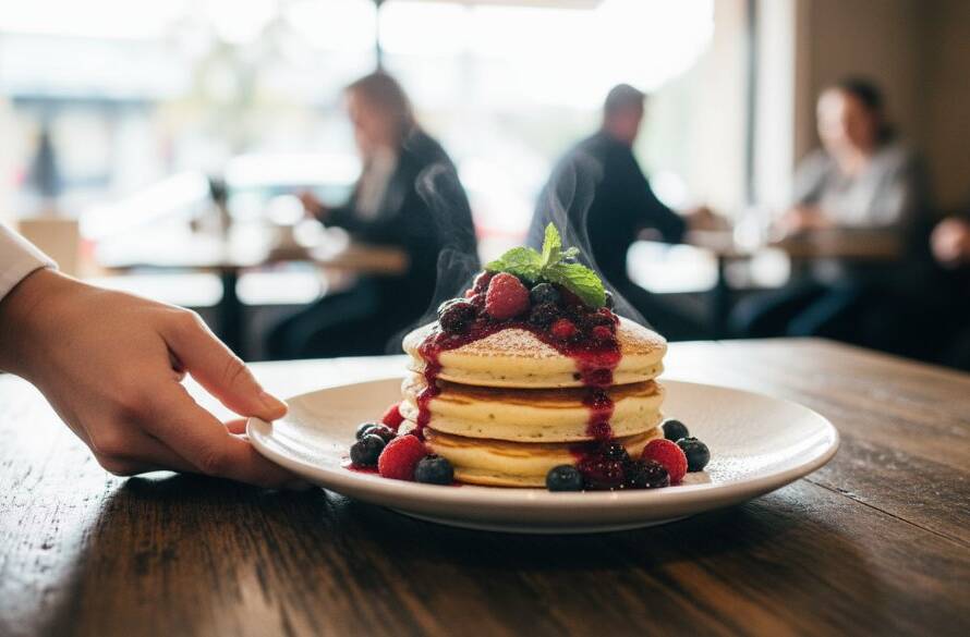 A dramatic, close-up shot of a perfectly plated gourmet dish, possibly a vibrant brunch item, on a rustic table within a sunlit Box Hill South cafe, showcasing the exceptional quality of professional food photography Box Hill South cafes, with steam subtly rising and chef's hands making final touches in a blurred background.