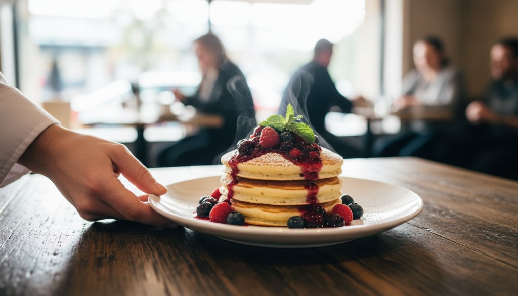 A dramatic, close-up shot of a perfectly plated gourmet dish, possibly a vibrant brunch item, on a rustic table within a sunlit Box Hill South cafe, showcasing the exceptional quality of professional food photography Box Hill South cafes, with steam subtly rising and chef's hands making final touches in a blurred background.