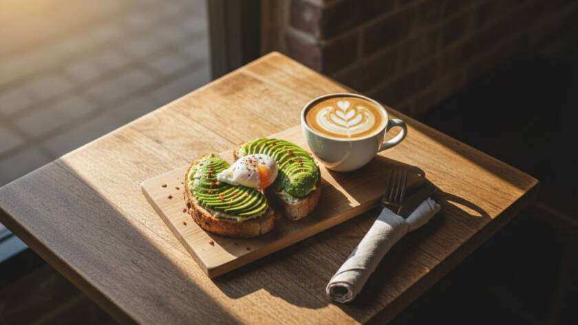 A dramatically lit flat lay of a perfectly styled brunch platter with avocado toast and a coffee, showcasing professional food photography Box Hill South cafes style, on a rustic wooden table in a bustling cafe, captured during an epic morning light moment.