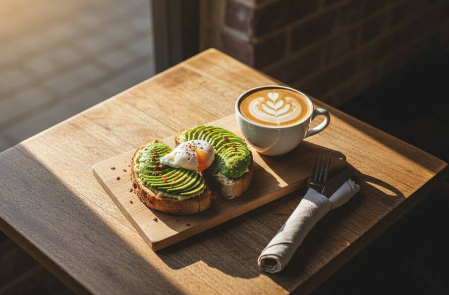 A dramatically lit flat lay of a perfectly styled brunch platter with avocado toast and a coffee, showcasing professional food photography Box Hill South cafes style, on a rustic wooden table in a bustling cafe, captured during an epic morning light moment.