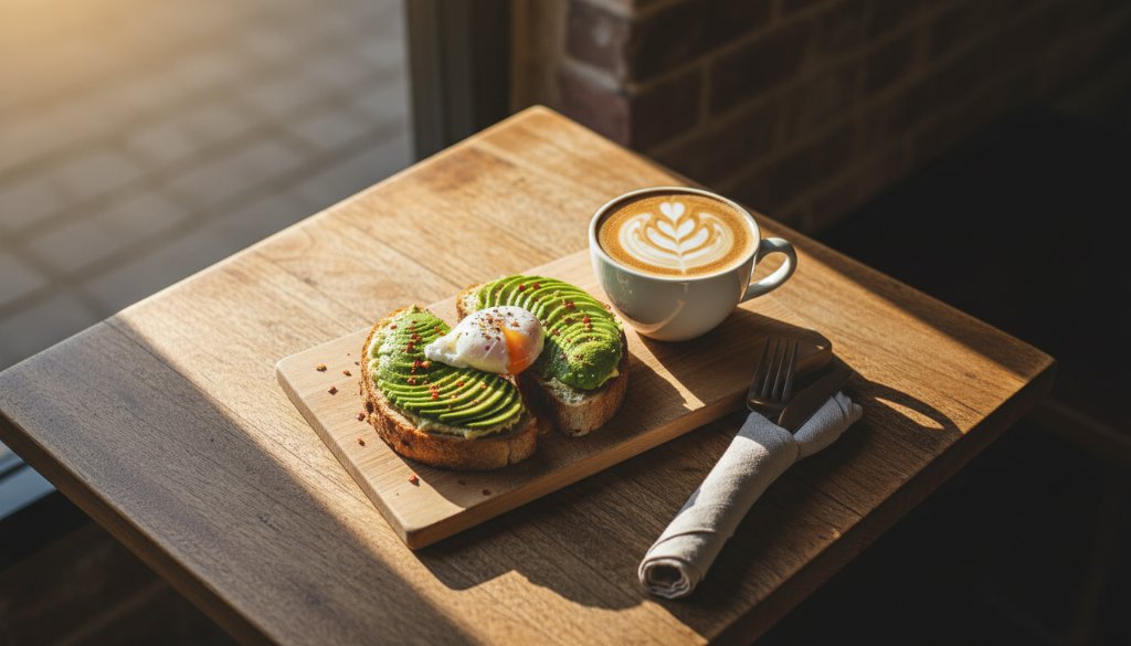 A dramatically lit flat lay of a perfectly styled brunch platter with avocado toast and a coffee, showcasing professional food photography Box Hill South cafes style, on a rustic wooden table in a bustling cafe, captured during an epic morning light moment.