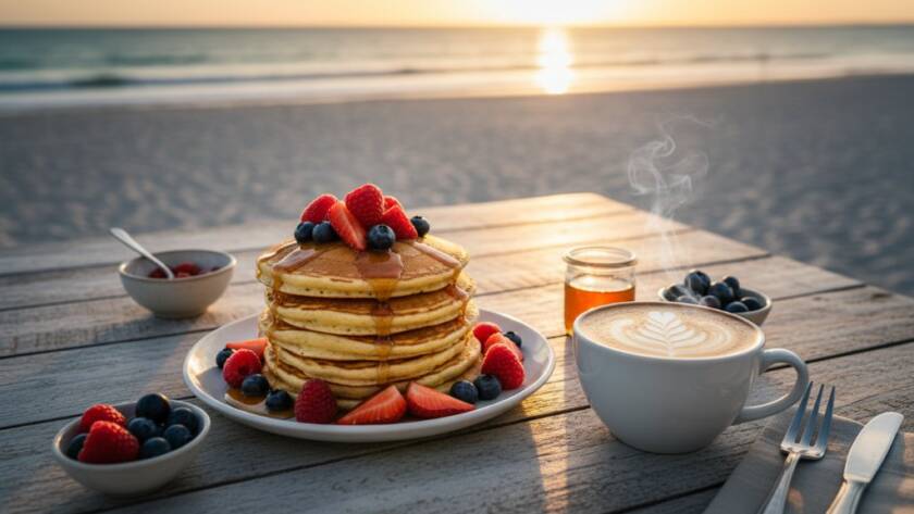An epic moment captured: professional food photography for Carrum cafes featuring a perfectly styled brunch spread on a rustic table with the sun-drenched Carrum Beach in the soft background, highlighting artisanal pastries and a latte with dramatic, golden hour lighting.