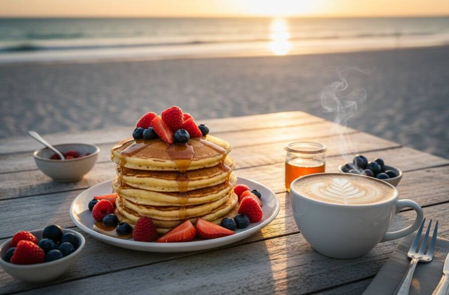 An epic moment captured: professional food photography for Carrum cafes featuring a perfectly styled brunch spread on a rustic table with the sun-drenched Carrum Beach in the soft background, highlighting artisanal pastries and a latte with dramatic, golden hour lighting.
