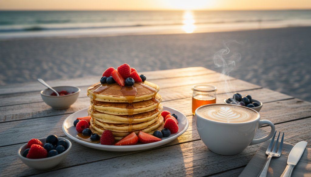 An epic moment captured: professional food photography for Carrum cafes featuring a perfectly styled brunch spread on a rustic table with the sun-drenched Carrum Beach in the soft background, highlighting artisanal pastries and a latte with dramatic, golden hour lighting.