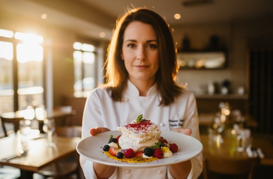 An epic moment captured: a perfectly plated gourmet dish, possibly a roasted lamb rack with seasonal vegetables, is dramatically lit on a rustic wooden table inside a bustling, warmly lit Colac restaurant, showcasing expert food photography Colac eateries visuals.