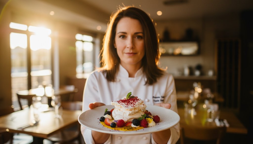 An epic moment captured: a perfectly plated gourmet dish, possibly a roasted lamb rack with seasonal vegetables, is dramatically lit on a rustic wooden table inside a bustling, warmly lit Colac restaurant, showcasing expert food photography Colac eateries visuals.
